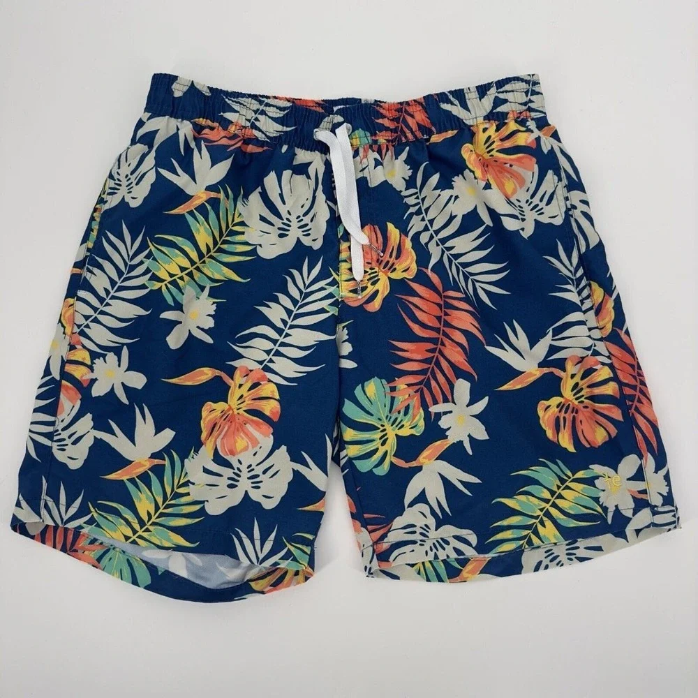 Tipsyelves Casual Tropical Floral Swim Trunks Men's Navy Blue Drawstring Pockets